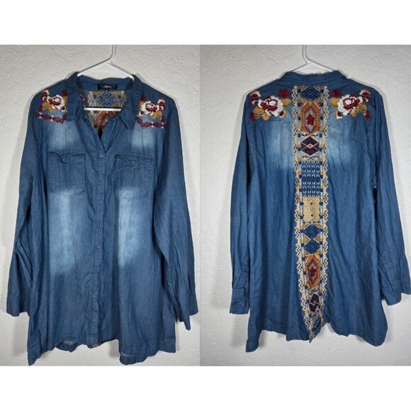 Andree By Unit Denim Floral Embroidered Long Sleeve Button Down 2X - Picture 1 of 4